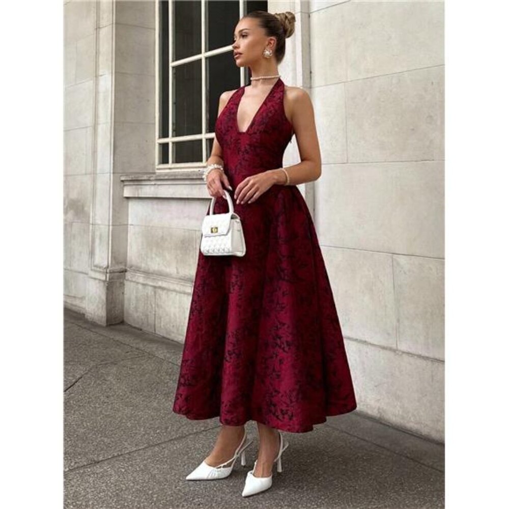 NEW - Elegant Long Dresses, Brocade‎ Jacquard Halter Neck Midi Dress